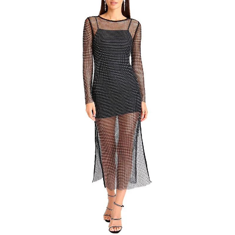 Avec Les Filles Womens Fishnet Tea-Length Bodycon Dress