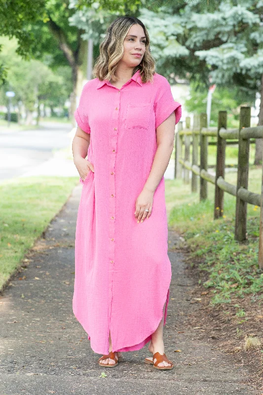 The Banks Button Up Shirt Dress in Fuschia (FINAL SALE)