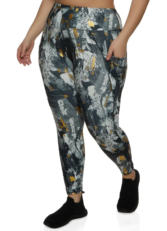 Plus Size Foil Screen Printed Pocket Leggings