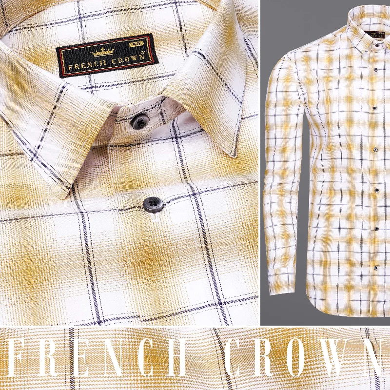 Desert Brown and White Twill Windowpane Premium Cotton Shirt