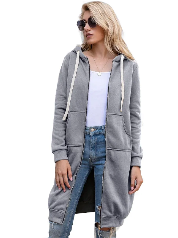 Full Size Zip-Up Longline Hoodie with Pockets