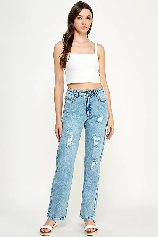 DISTRESSED  HIGH RISE STRETCH MOM JEANS