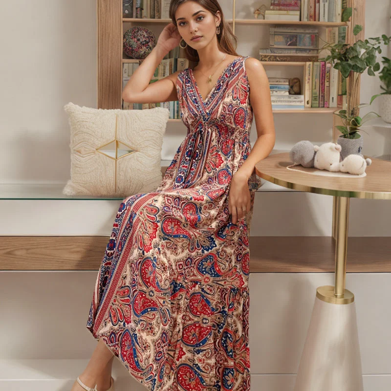 Bohemian Cotton Sleeveless V Neck Long Maxi Dresses