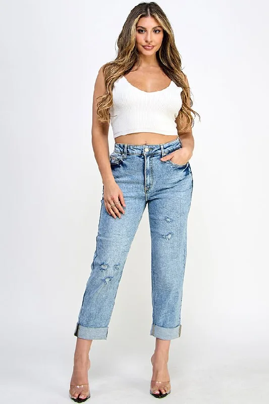 DISTRESSED  HIGH RISE STRETCH MOM JEANS