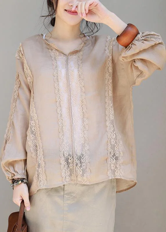 Loose khaki linen clothes lace patchwork loose v neck tops