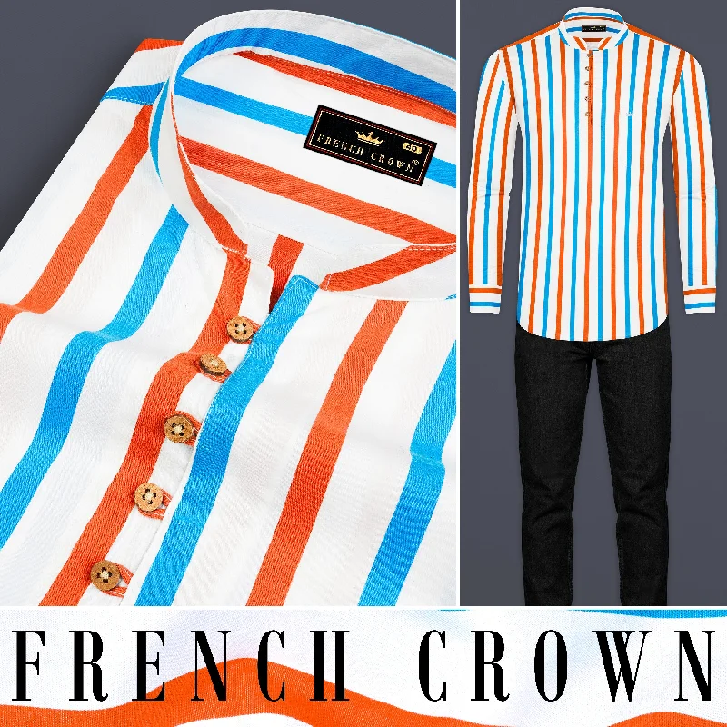 Cornflower Blue with Outrageous Orange Striped Premium Cotton Kurta Shirt