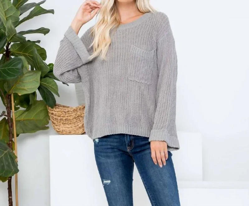 Breezy Days Sweater With Pocket And Cuffed Bell Sleeves In Grey