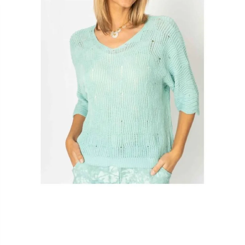 Chic Breeze V Neck Open Weave Sweater In Aqua