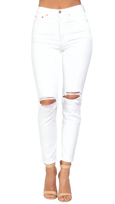 90's High Rise Ankle Crop Jeans In White Destroy