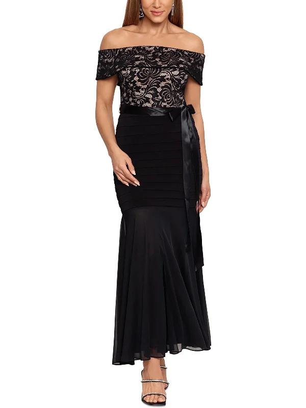 Petites Womens Lace Off-The-Shoulder Evening Dress