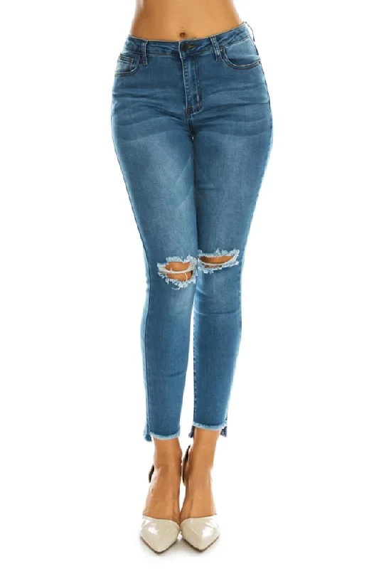 Women's High Rise Destroyed Knee and Hi-Low Frayed Hem Jeans