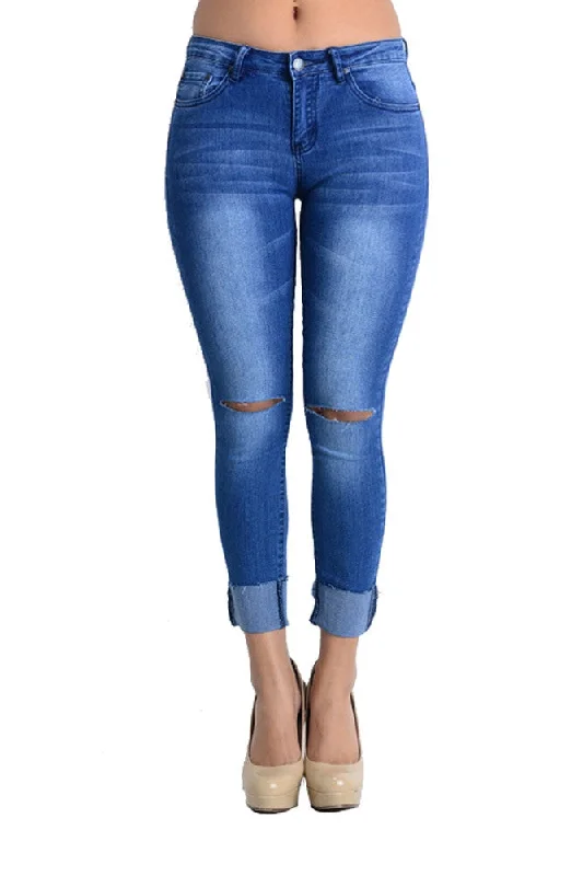 Women's Ripped Knee Cuffed Skinny Jeans