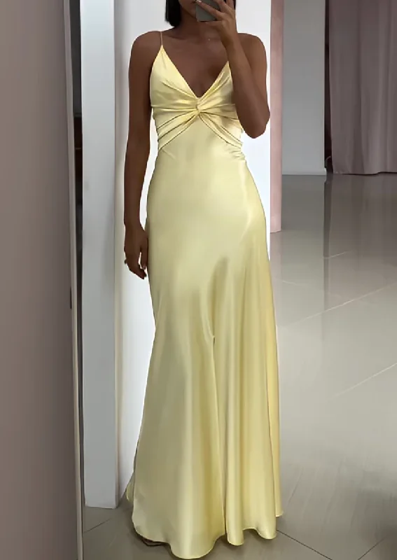 Light Yellow V Neck Straps Long Party Dress Wedding Guest Dress, DP2791