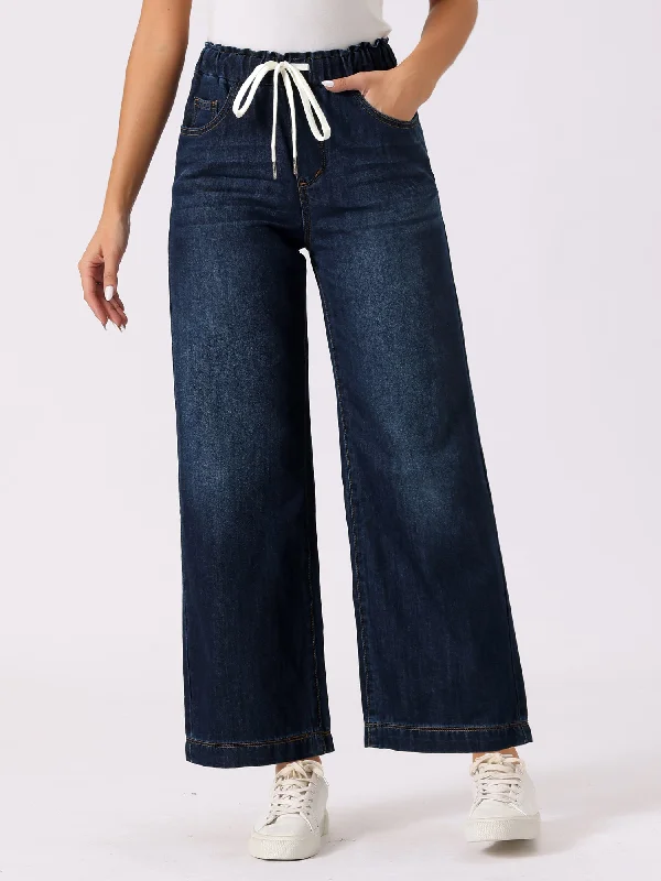 Casual Denim Pants Drawstring Elastic Waist Wide Legs Jeans