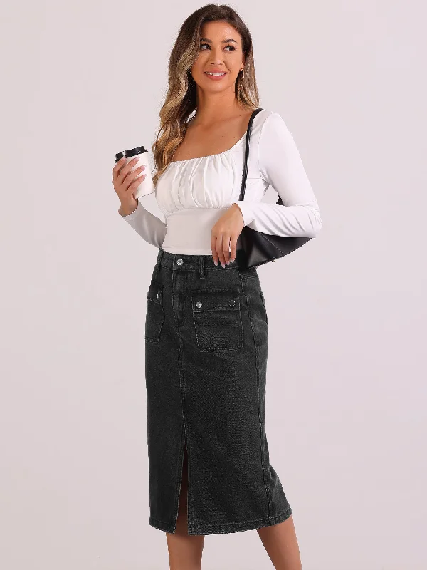 Denim Pocketed Split Hem Casual Midi Jean Skirt