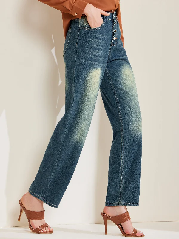 High Waisted Buttoned Pocketed Denim Pants Straight Leg Jeans