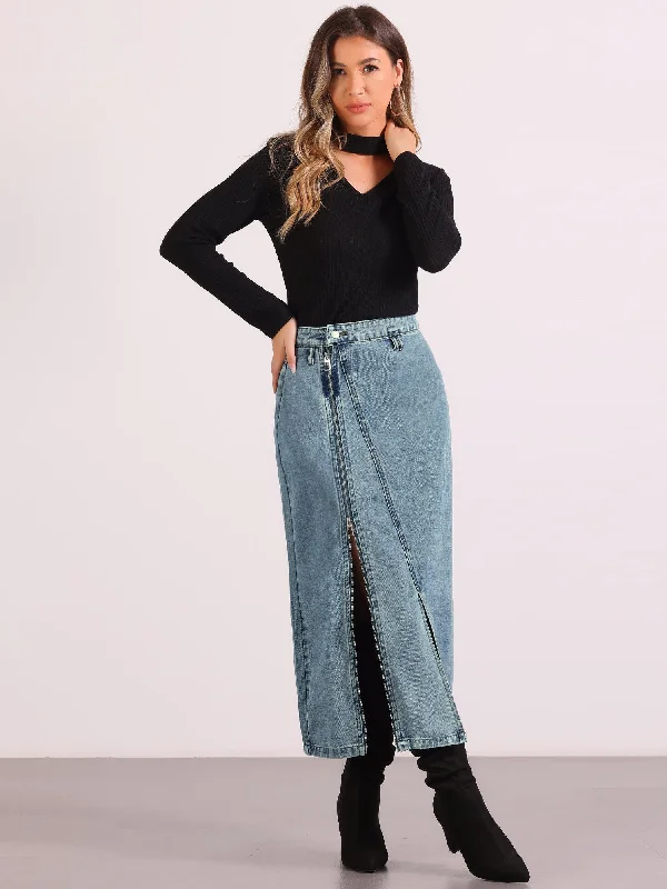 Pocketed Denim Zipper Front Split Maxi Jean Skirt