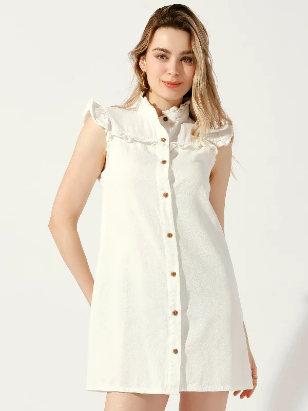 Denim Button Down Ruffle Sleeveless Summer Mini Jean Dress