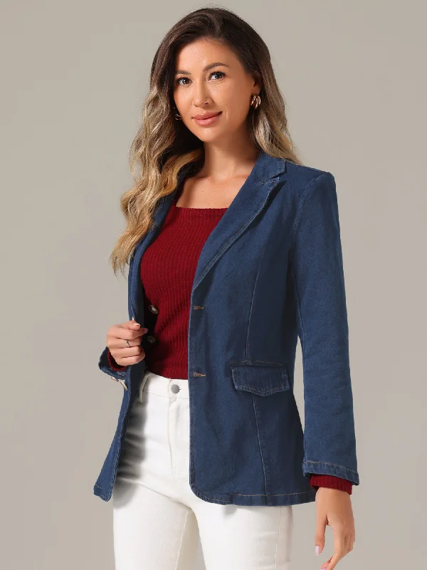 Notched Lapel Denim Single Breasted Shoulder Pad Blazer Jackets