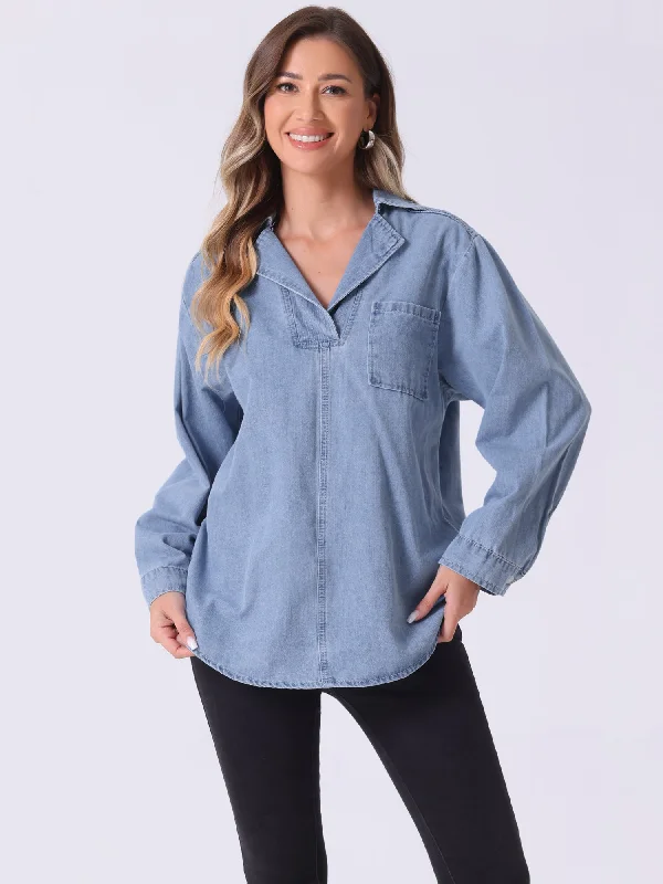 Denim Pullover Collared Long Sleeve Casual Jean Blouses